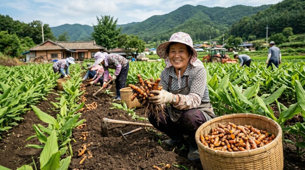 강황 농장에서 즐겁게 채취하는 모습