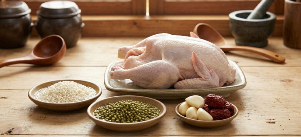 옻닭 백숙 레시피 1 : 손질된 토종닭과 깨끗이 씻은 부재료 준비