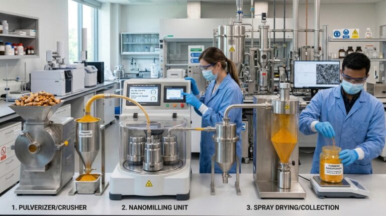 강황을 나노 파우더로 제조하는 과정을 묘사한 이미지