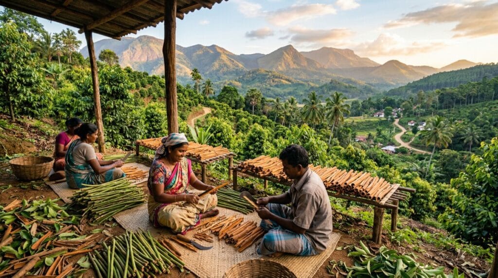 스리랑카에서 계피 나무 작업하는 장면