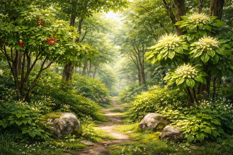 옻나무와 황칠 나무가 섞여서 있는 숲의 모습